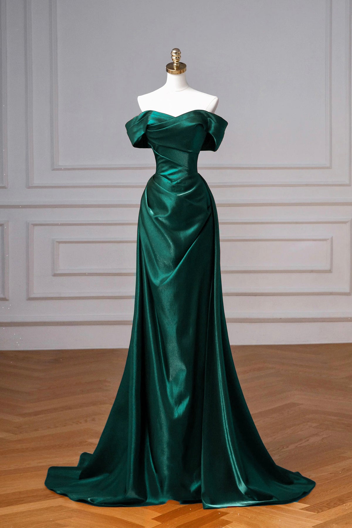 Green Party Dress A-Line Satin Floor Length Off Shoulder Evening Formal Dress