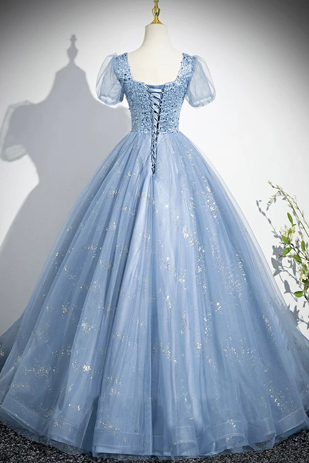 Blue Sparkly Tulle Sequins Short Sleeve Evening Party Dress Princess Dress