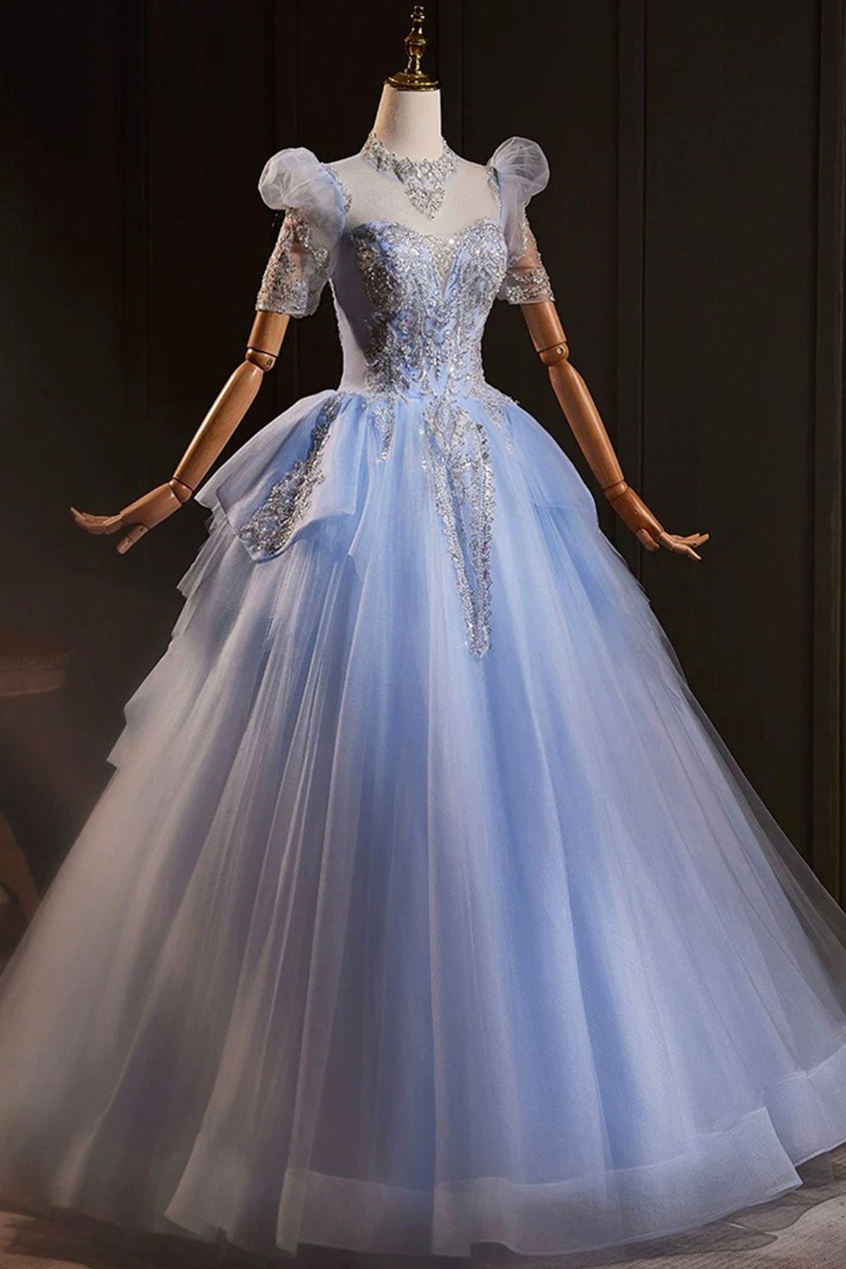Elegant Sky Blue Beading Pearl Sequins Prom Dresses A-Line Blue Tulle Princess Dresses