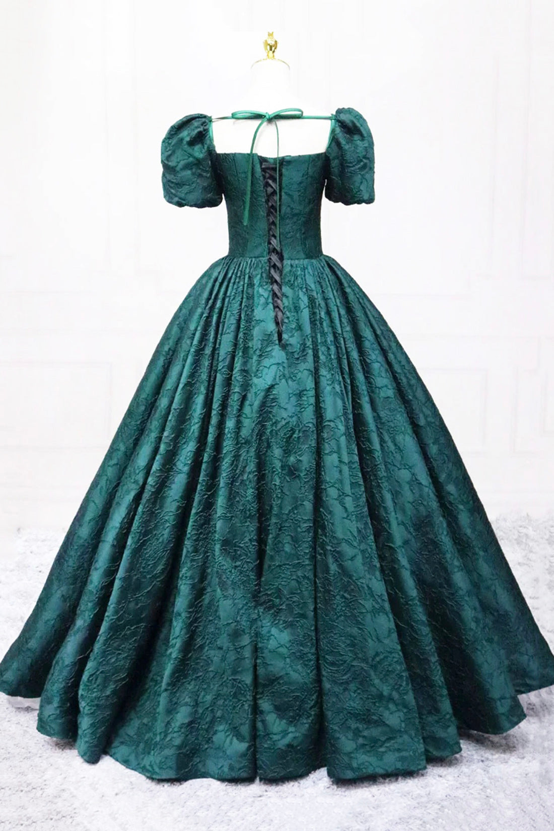 Retro Dark Green Printing Prom Dress A-Line Short Sleeve Backless Floor-Length Formal Dress
