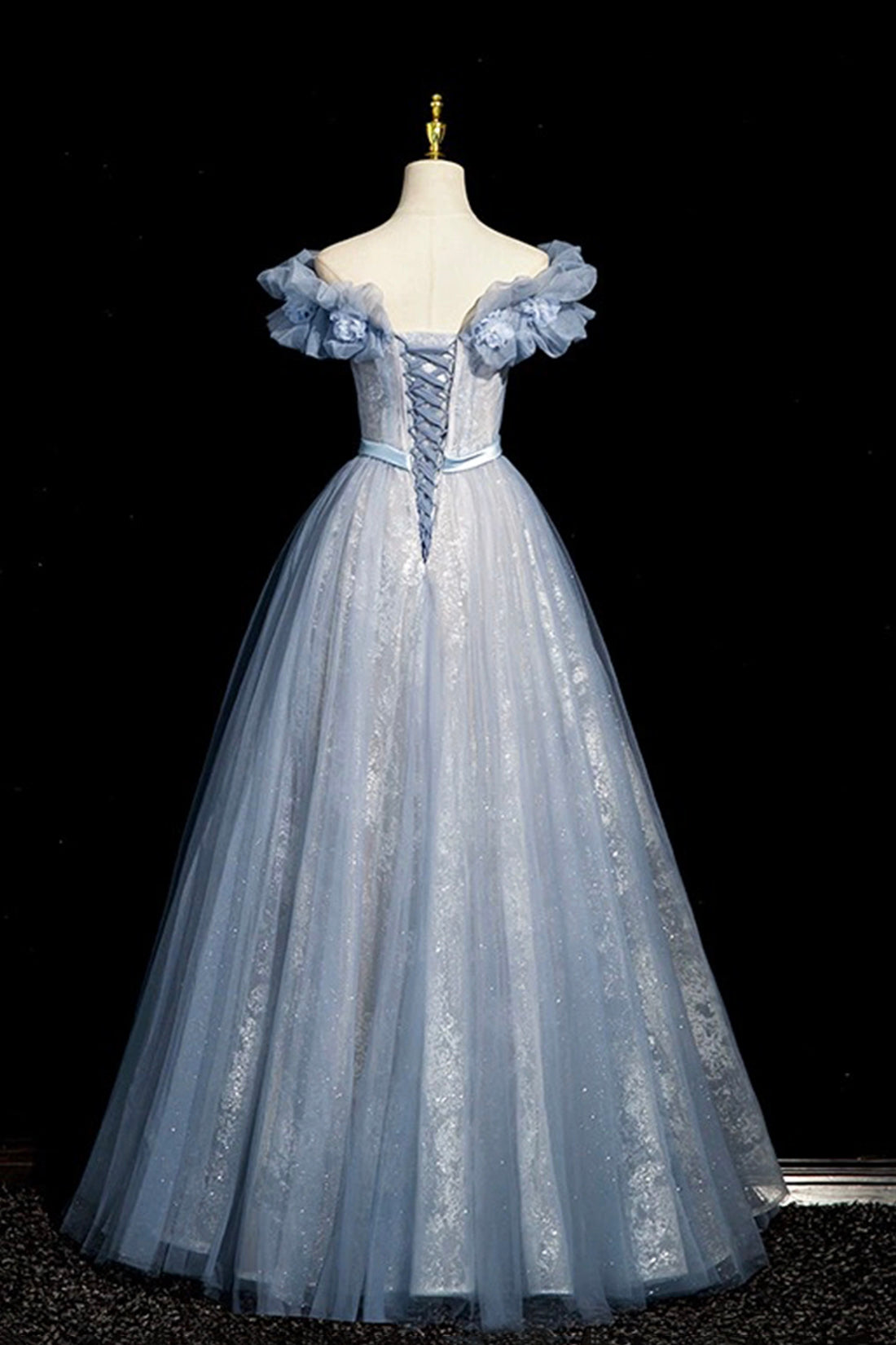 Blue Beading Sequins Beautiful Party Dress A-Line Off Shoulder Bow Sash Floor Length Prom Formal Dress
