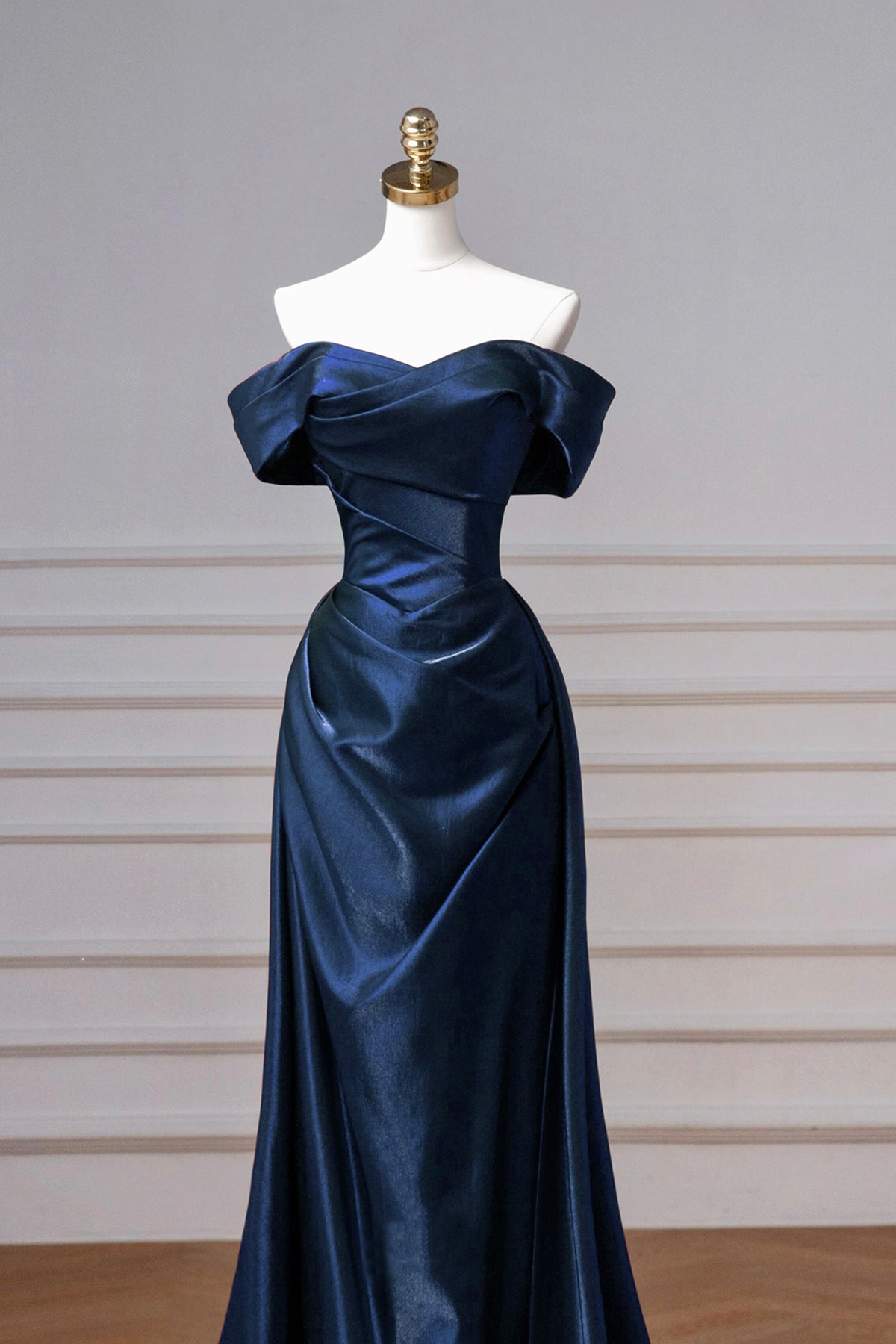Navy Party Dress A-Line Satin Floor Length Off Shoulder Evening Formal Dress