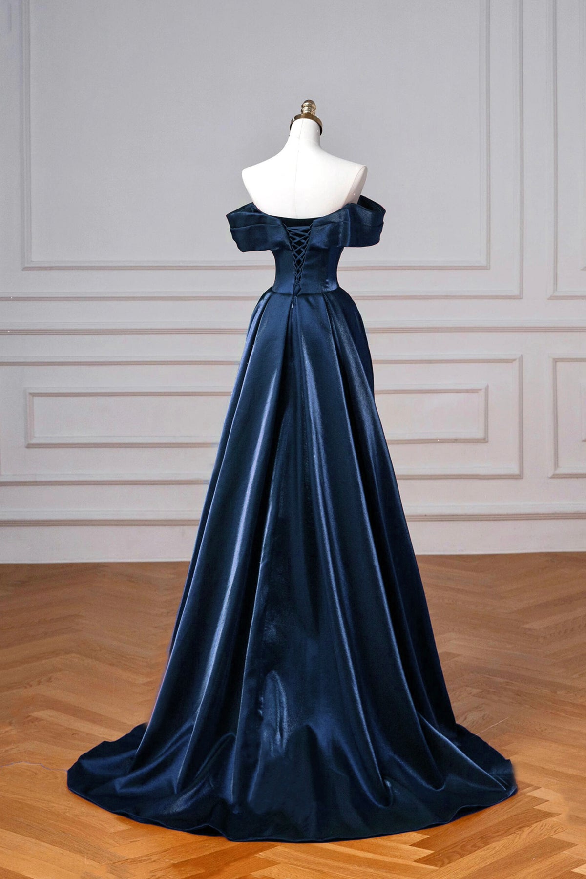 Navy Party Dress A-Line Satin Floor Length Off Shoulder Evening Formal Dress