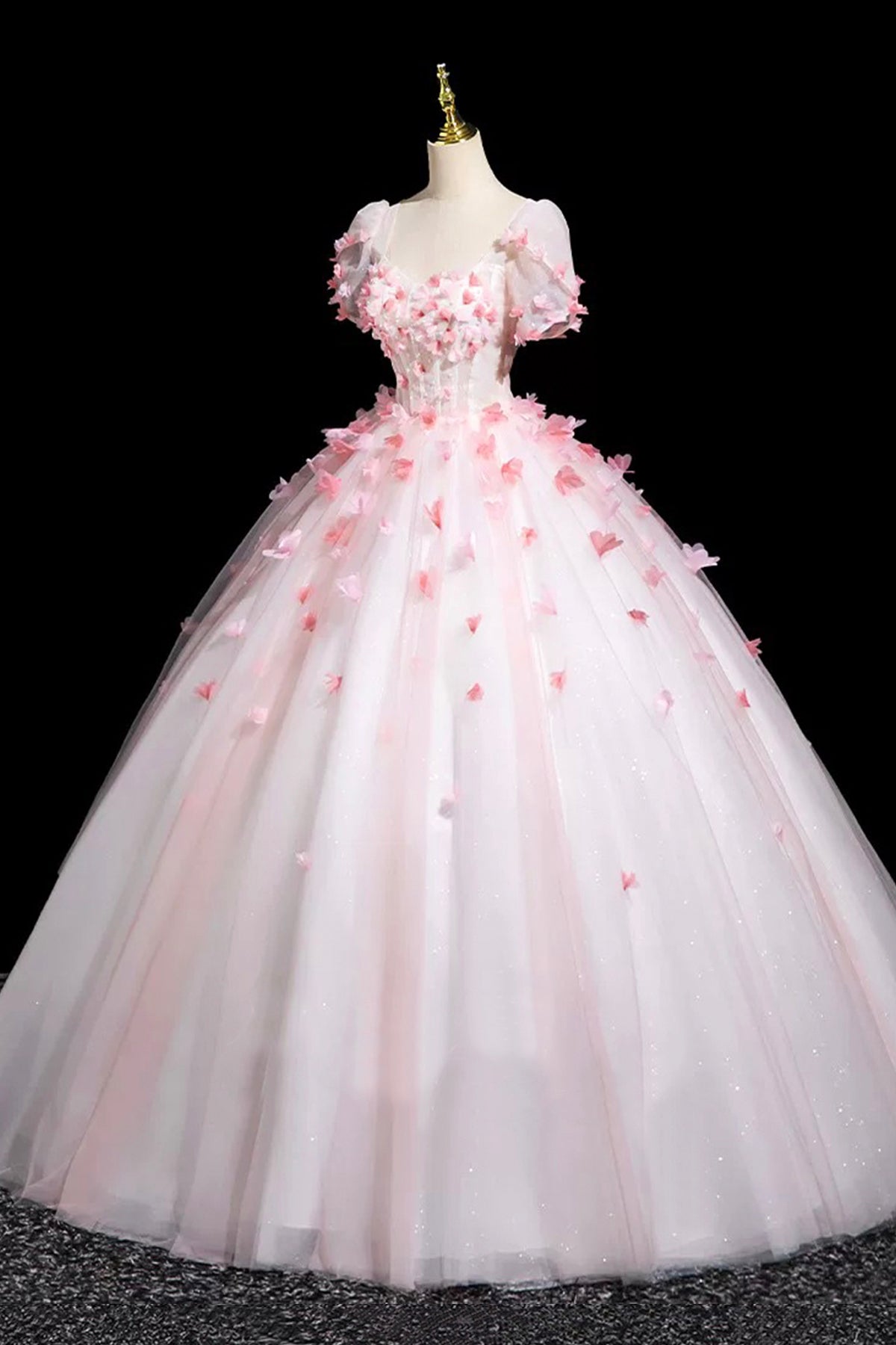 Pink Tulle Princess Ball Gown Formal Dress Short Sleeve 3D Flowers Women's Party Dress