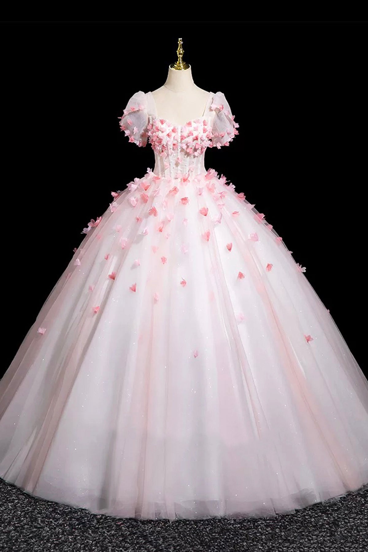 Pink Tulle Princess Ball Gown Formal Dress Short Sleeve 3D Flowers Women's Party Dress