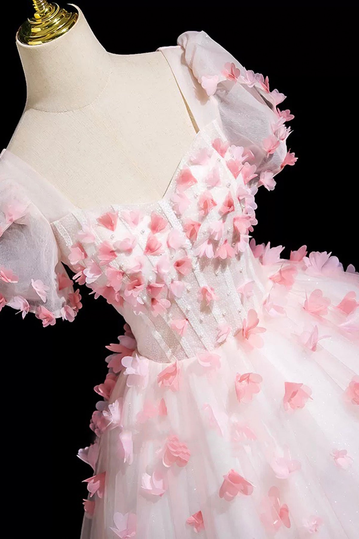 Pink Tulle Princess Ball Gown Formal Dress Short Sleeve 3D Flowers Women's Party Dress