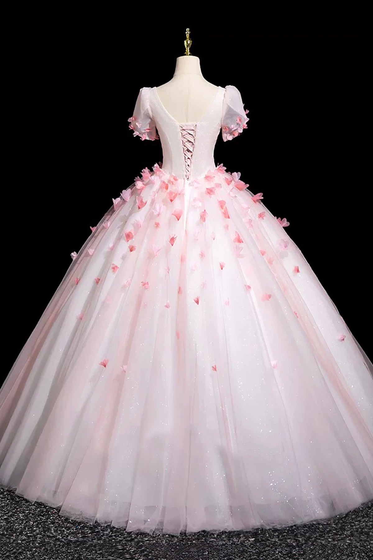Pink Tulle Princess Ball Gown Formal Dress Short Sleeve 3D Flowers Women's Party Dress