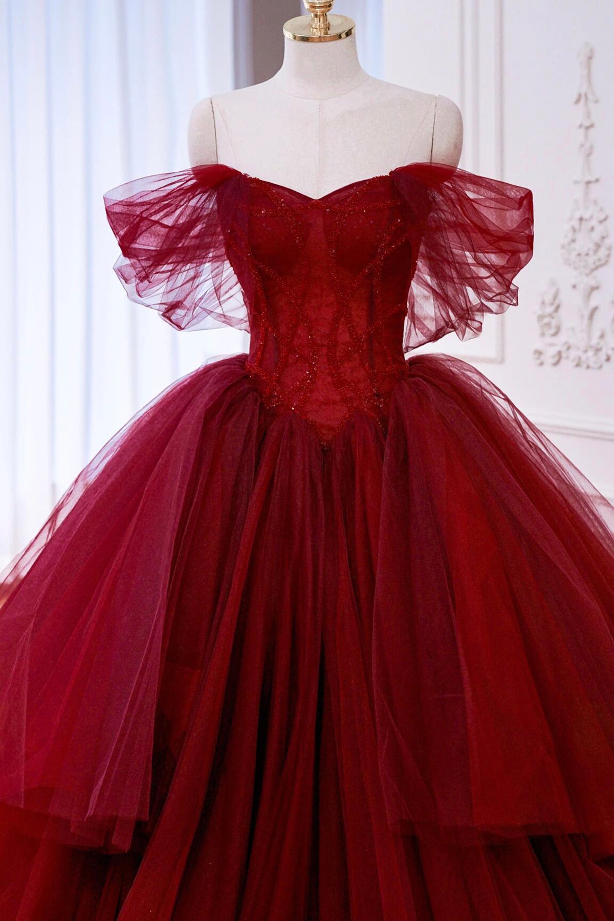 Ball Gown Wine Red Layered Tulle Formal Dress Elegant Off Shoulder Party Dress