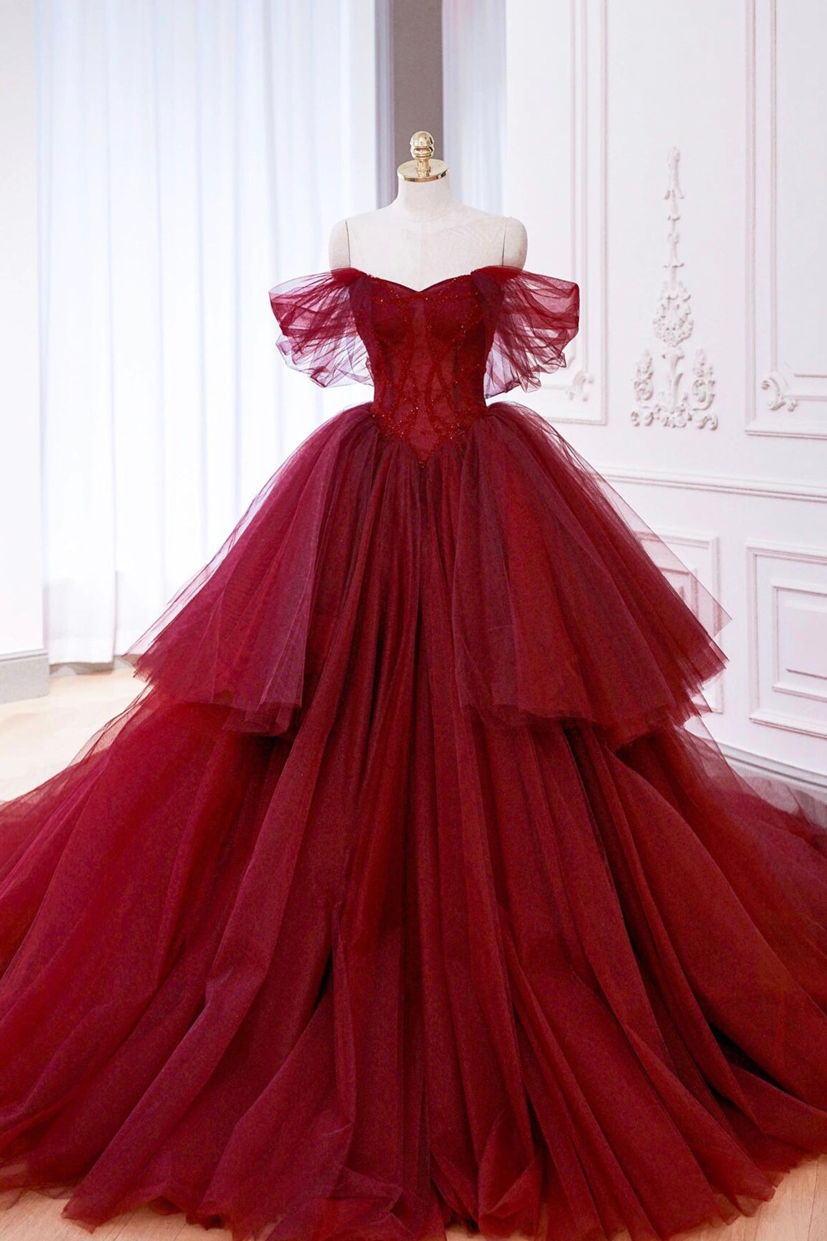 Ball Gown Wine Red Layered Tulle Formal Dress Elegant Off Shoulder Party Dress