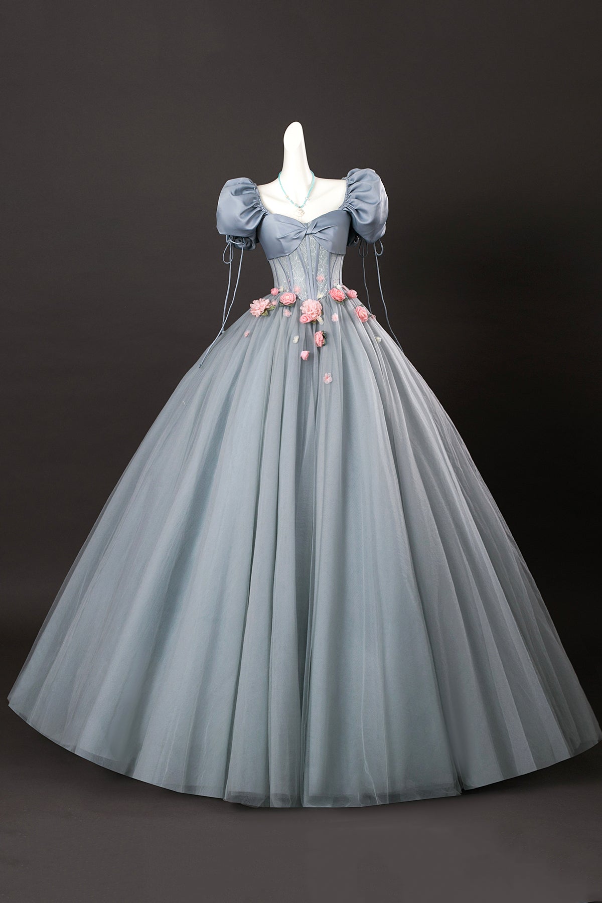 Beautiful Princess Dress A-Line Grey Short Sleeve Corset Long Formal Dress