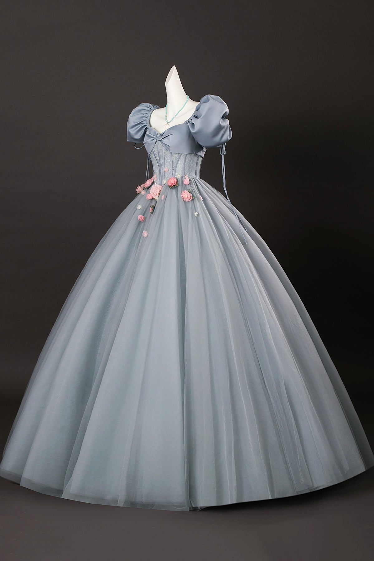 Beautiful Princess Dress A-Line Grey Short Sleeve Corset Long Formal Dress