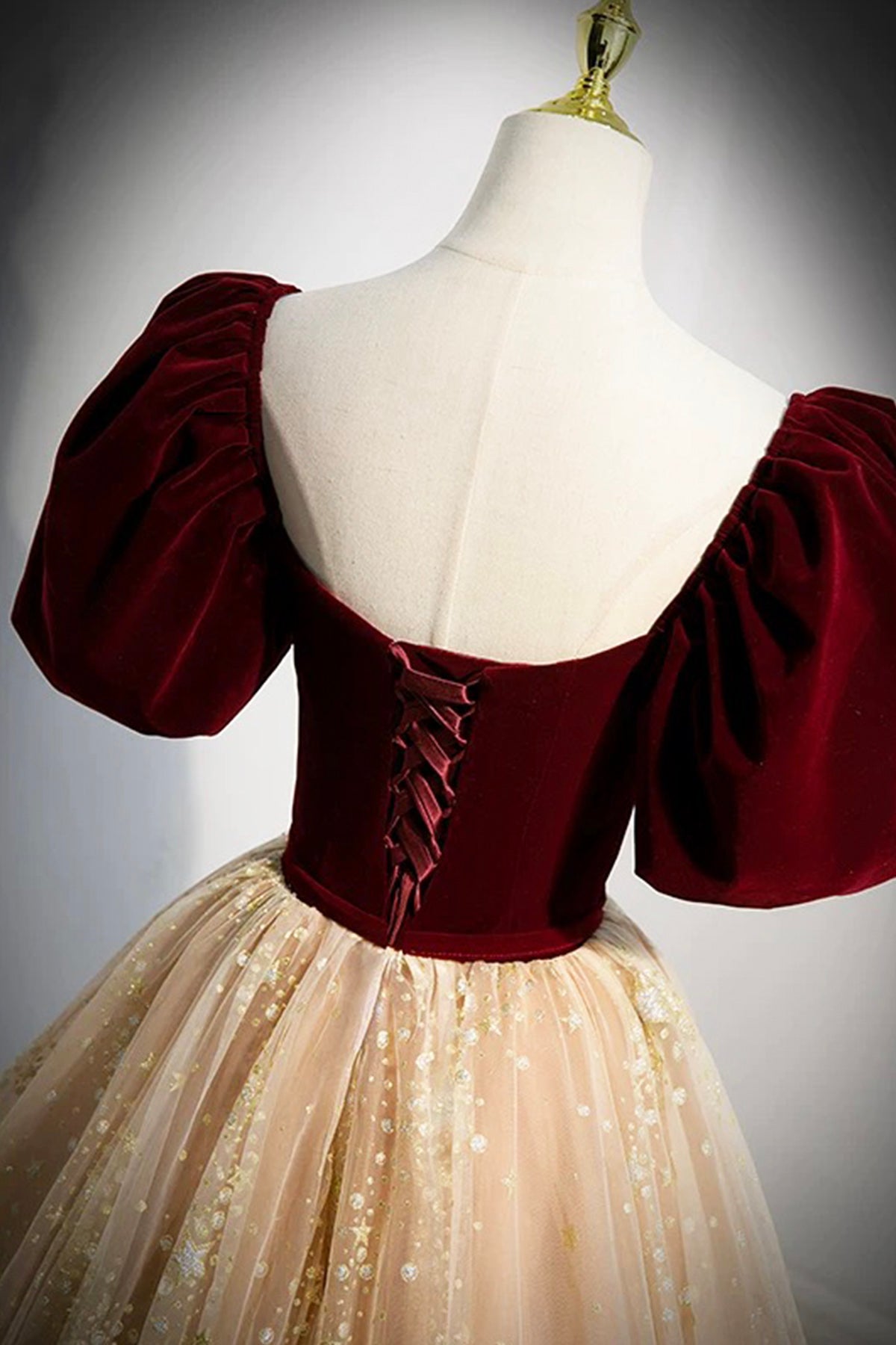Classic Burgundy Velvet and Star Sequins Tulle Formal Dress Short Sleeve Party Dress
