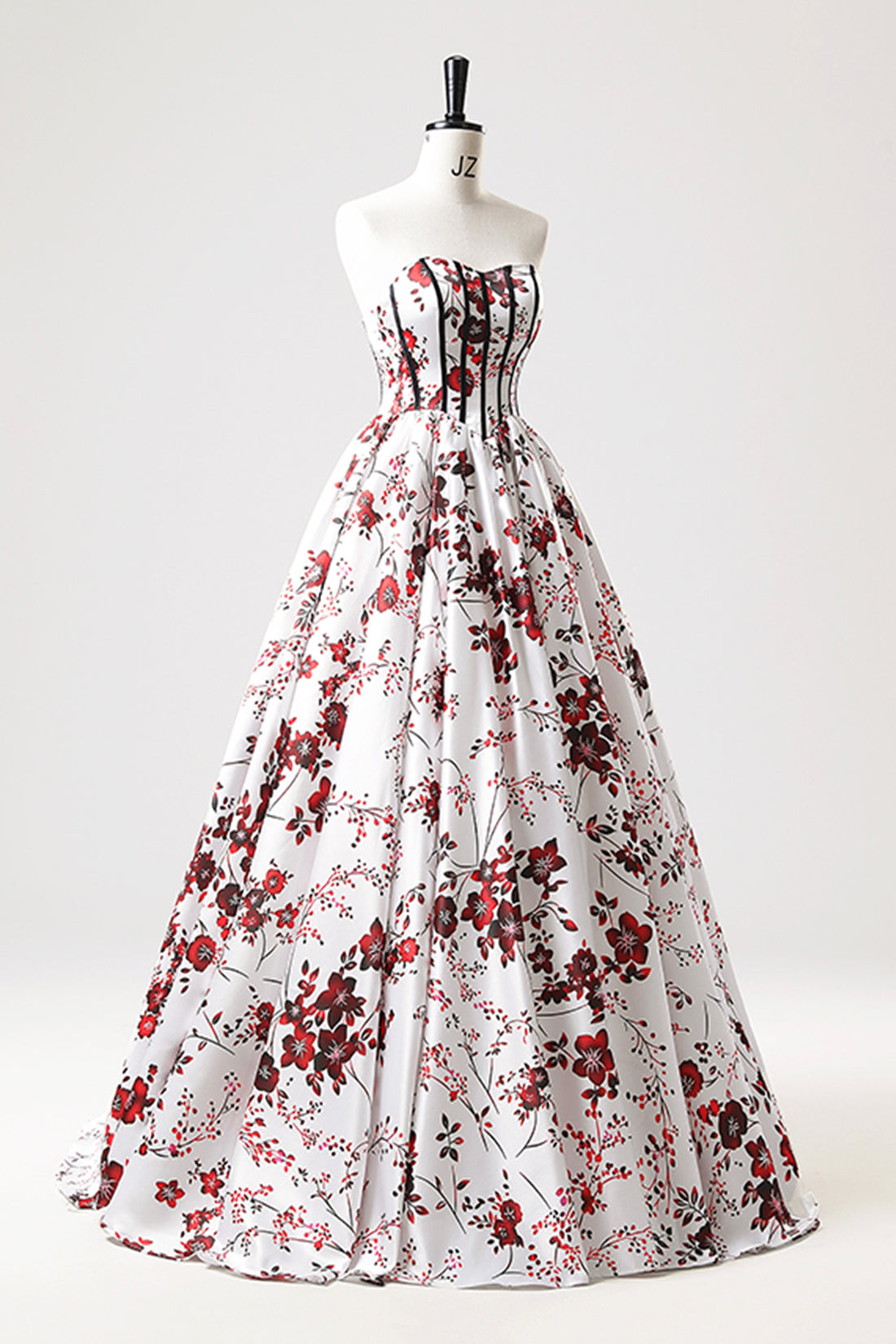 White Sweetheart Neck Floral Prom Dress Strapless Floor Length Occasion Formal Dress