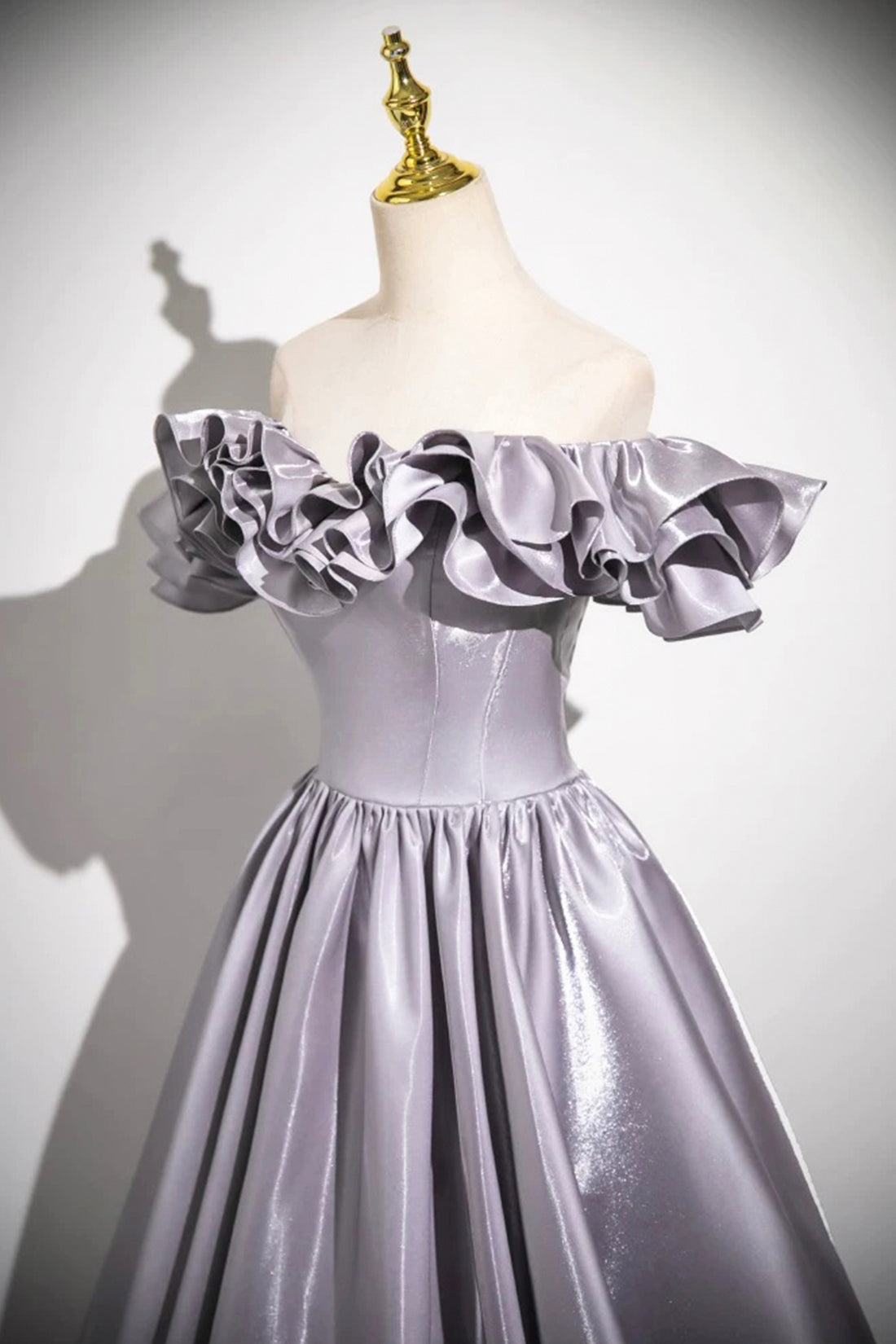 Lilac Satin Prom Dresses A-Line Off Shoulder Backless Floor-Length Fairy Prom Formal Dresses