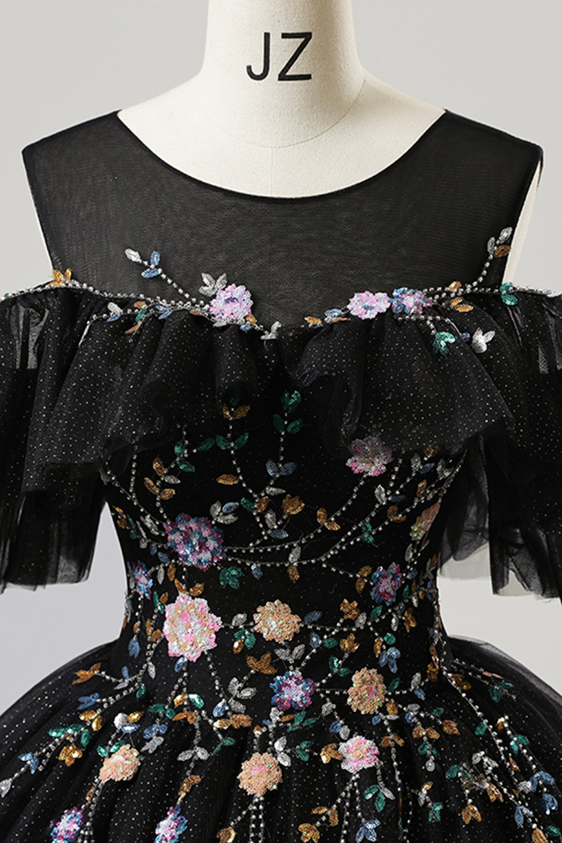 Black Sequins Flower Prom Dress Scoop Neck Short Sleeve Floor-Length Prom Formal Dress