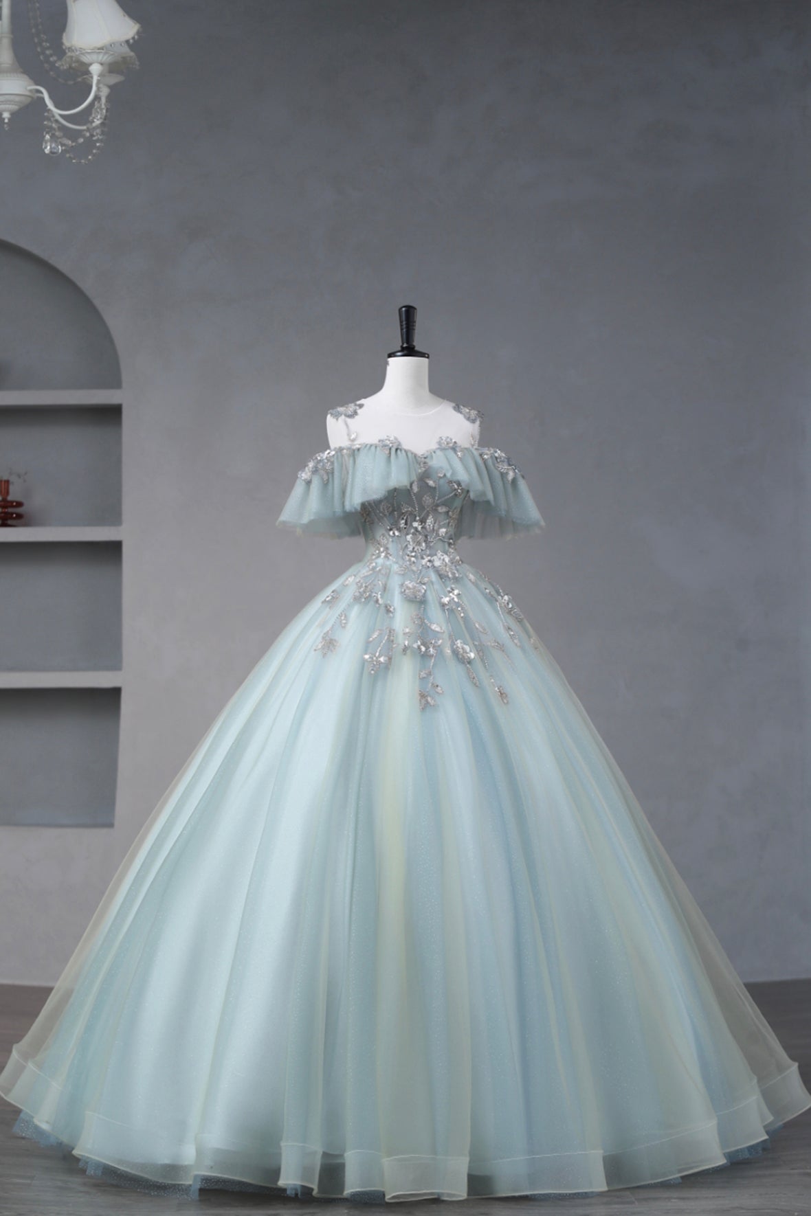 Princess Dress Flower Sequins Blue Floor Length Prom Dress Off the Shoulder Fairy Formal Dress