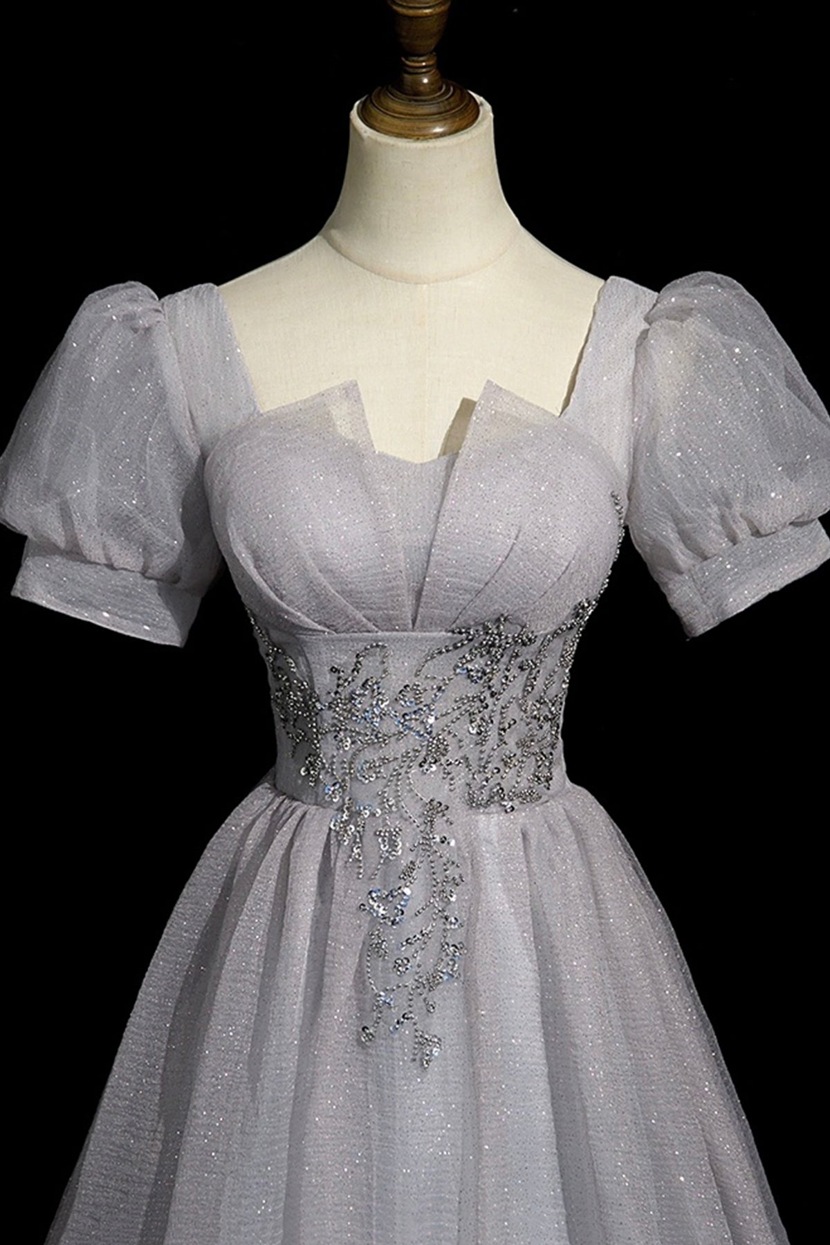 Elegant Grey Beading Sequins Prom Dress A-Line Square Neckline Puffy Short Sleeve Backless Floor-Length Prom Formal Dress