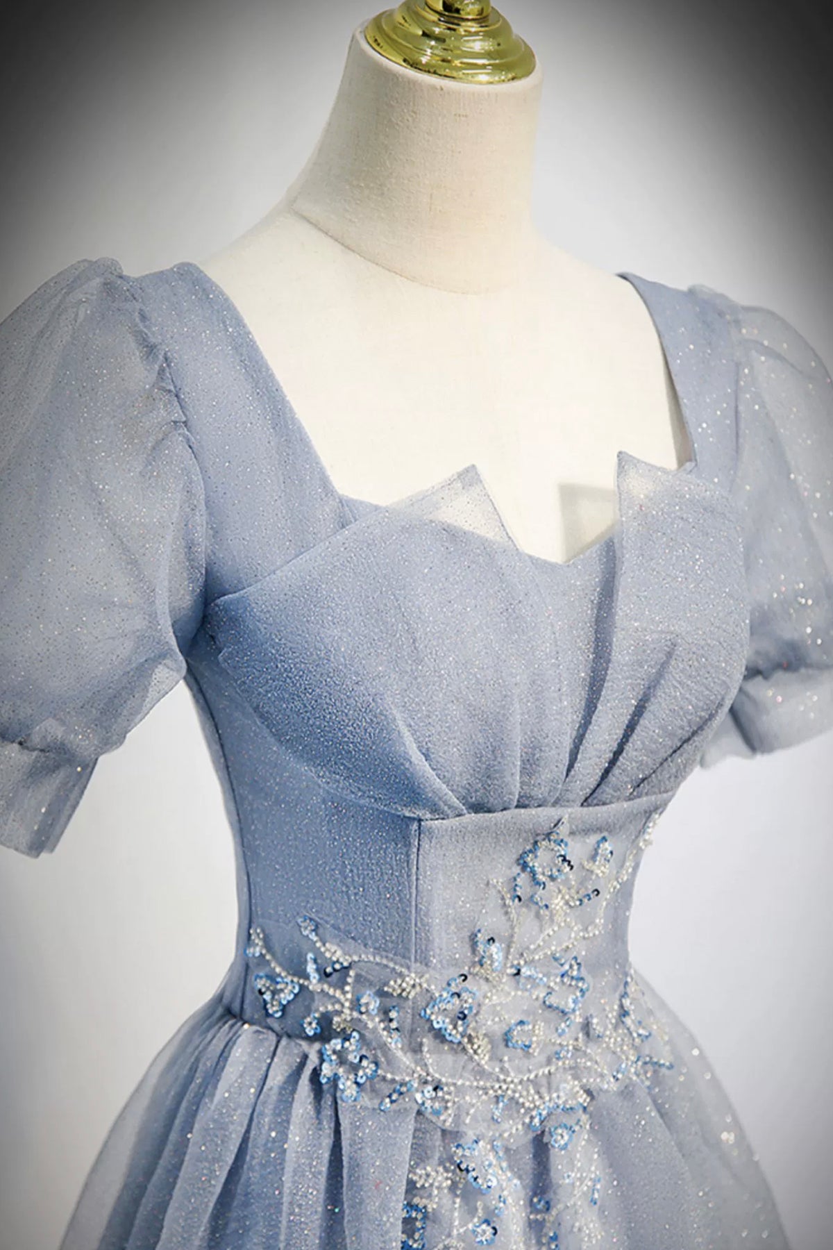 Elegant Blue Beading Sequins Prom Dress A-Line Square Neckline Puffy Short Sleeve Backless Floor-Length Prom Formal Dress
