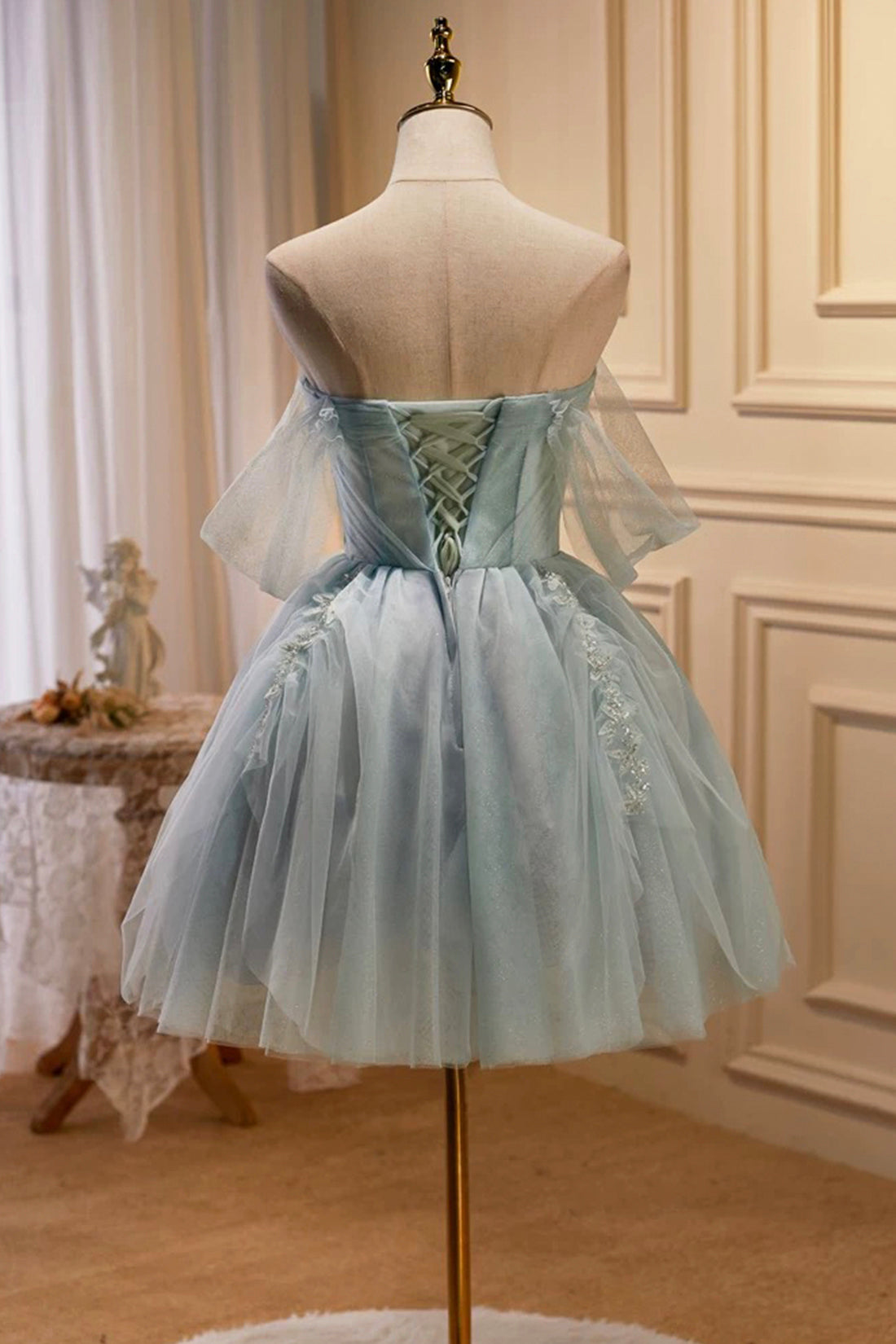 Fairytale Ruffled Green Tulle Knee Length Party Dress with Beaded Lace