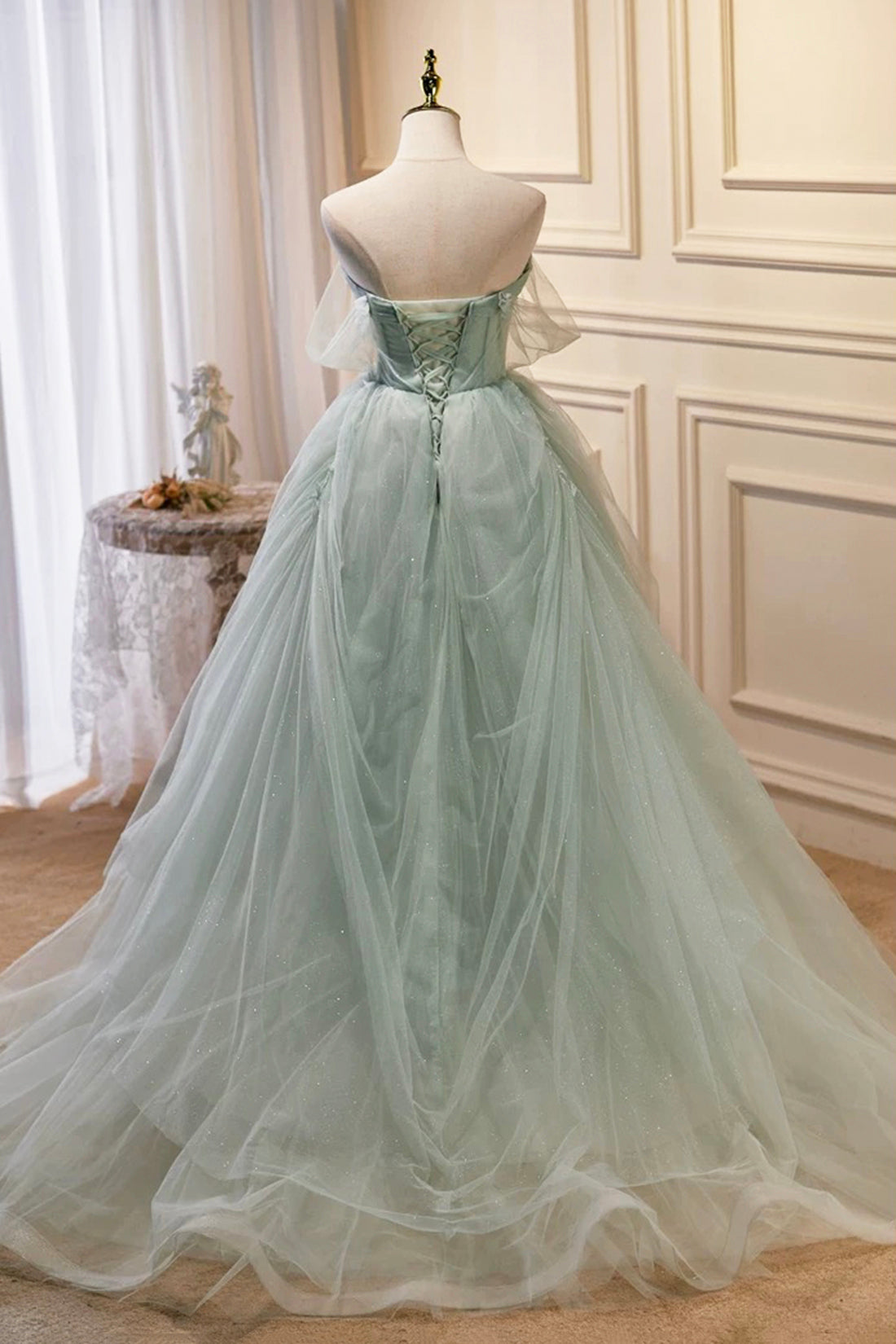 Ming Green Off the Shoulder Tulle Prom Dress Fashion Lace Pearls Long Evening Gowns
