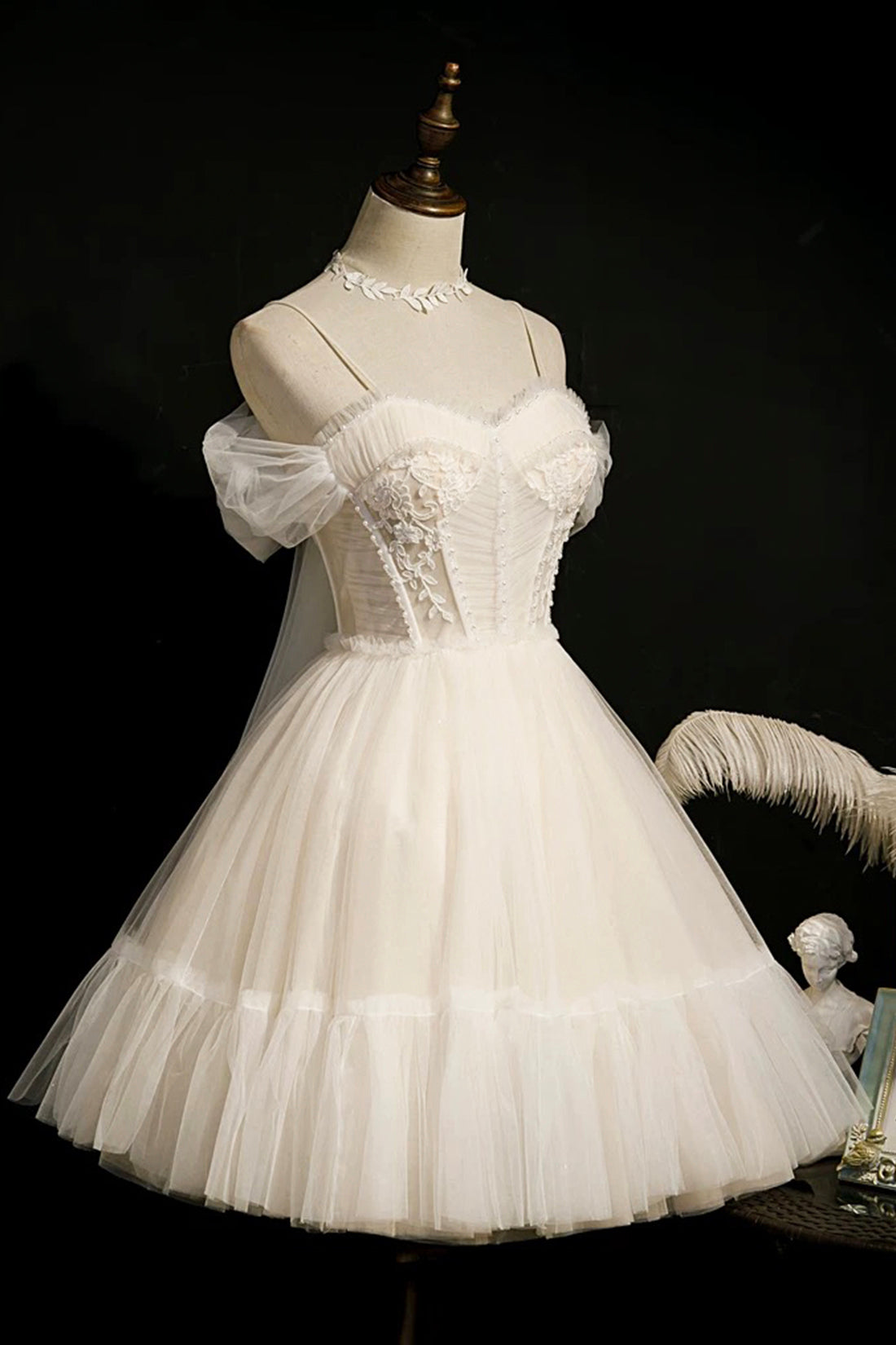 Princess Ivory Lace Big Bow Spaghetti Strap Pearls Ruffles Party Short Prom Dress