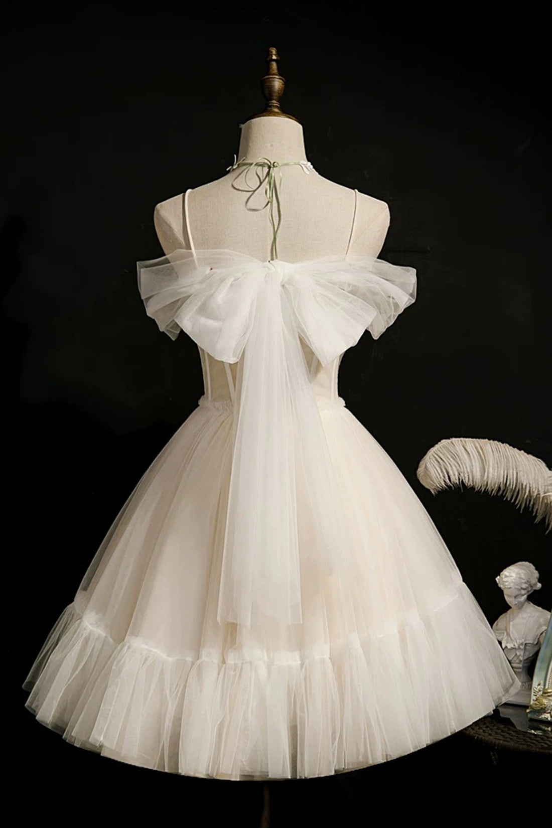 Princess Ivory Lace Big Bow Spaghetti Strap Pearls Ruffles Party Short Prom Dress