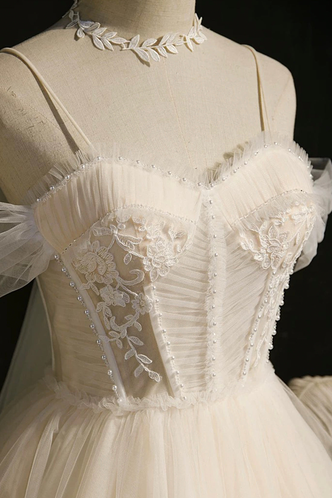 Princess Ivory Lace Big Bow Spaghetti Strap Pearls Ruffles Party Short Prom Dress