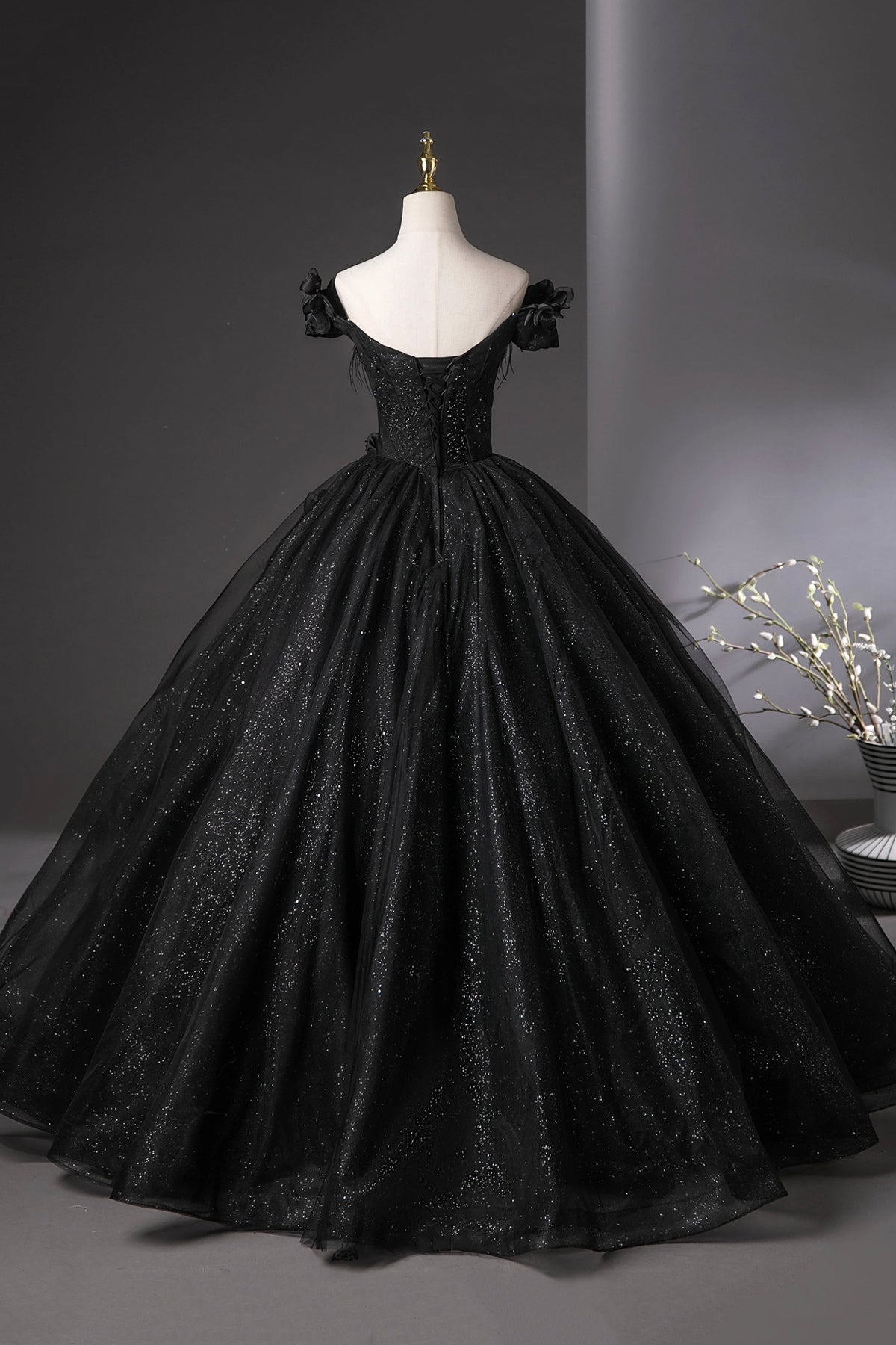 Black Corset Evening Dress Black Princess Formal Dress A-Line Glitter Tulle Sweet 16 Birthday Party Gown