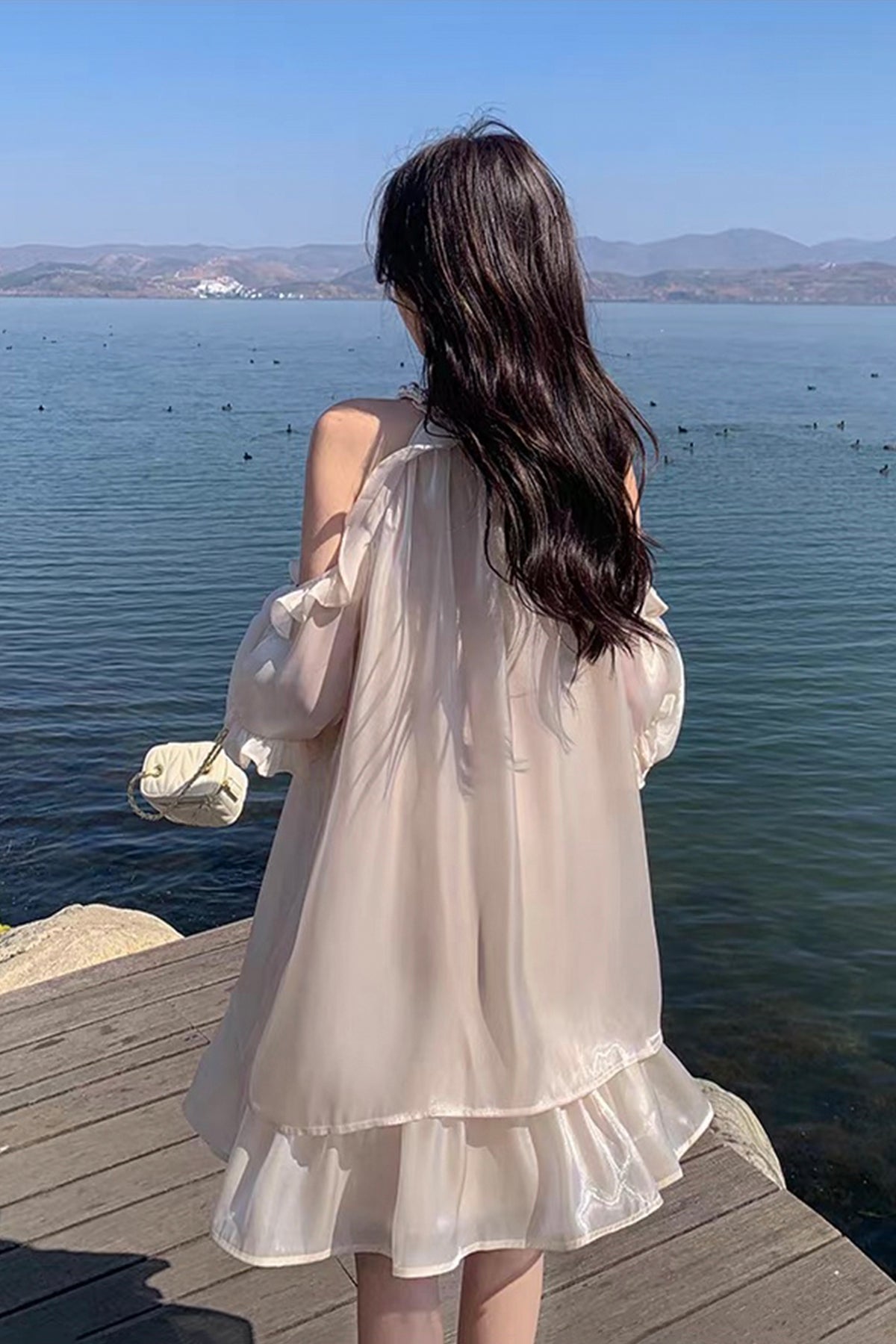 French Chic Cold Shoulder Halter Dress - Elegant Beige Ruffle Mini Fashion Dress with Pearl Neckline