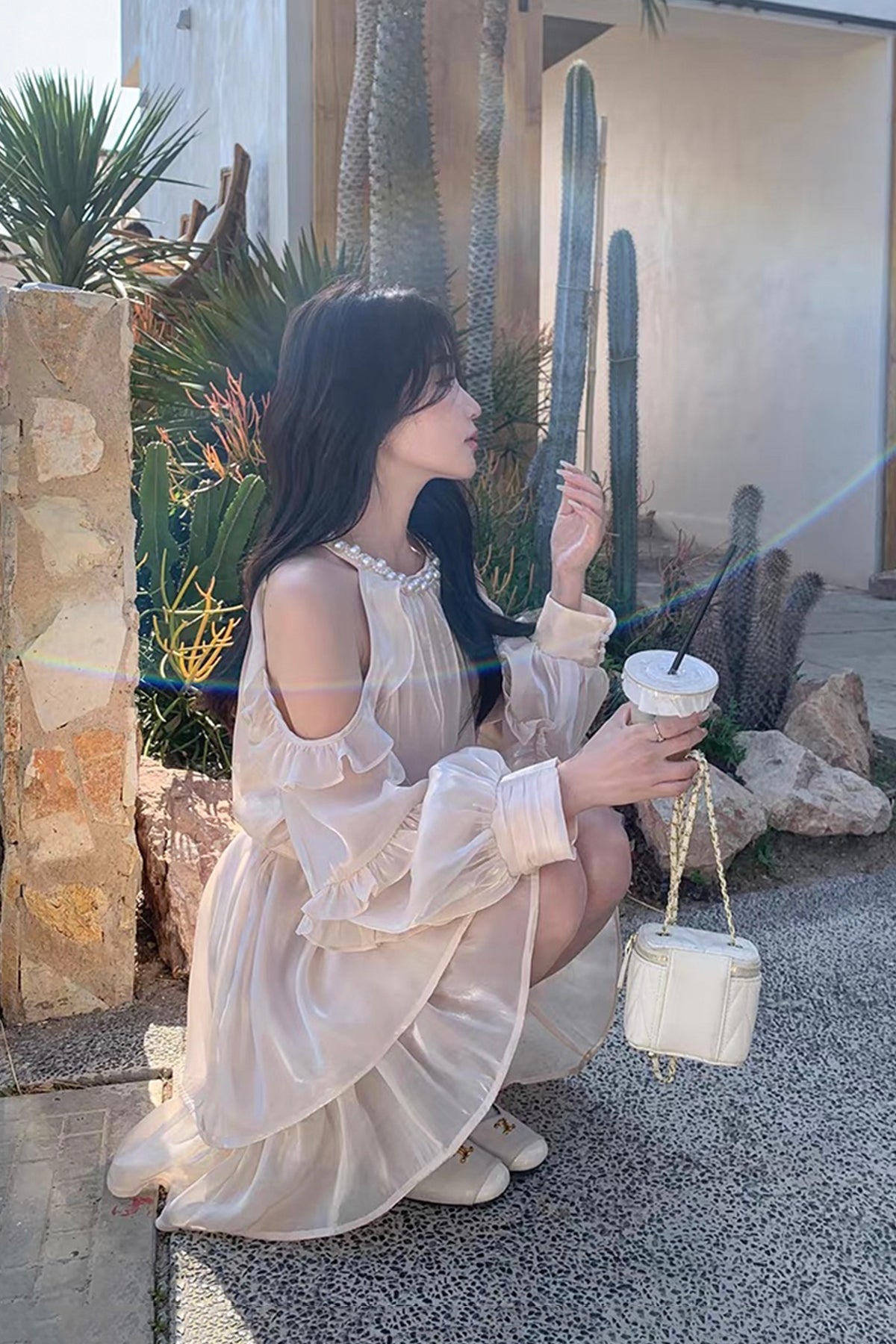 French Chic Cold Shoulder Halter Dress - Elegant Beige Ruffle Mini Fashion Dress with Pearl Neckline