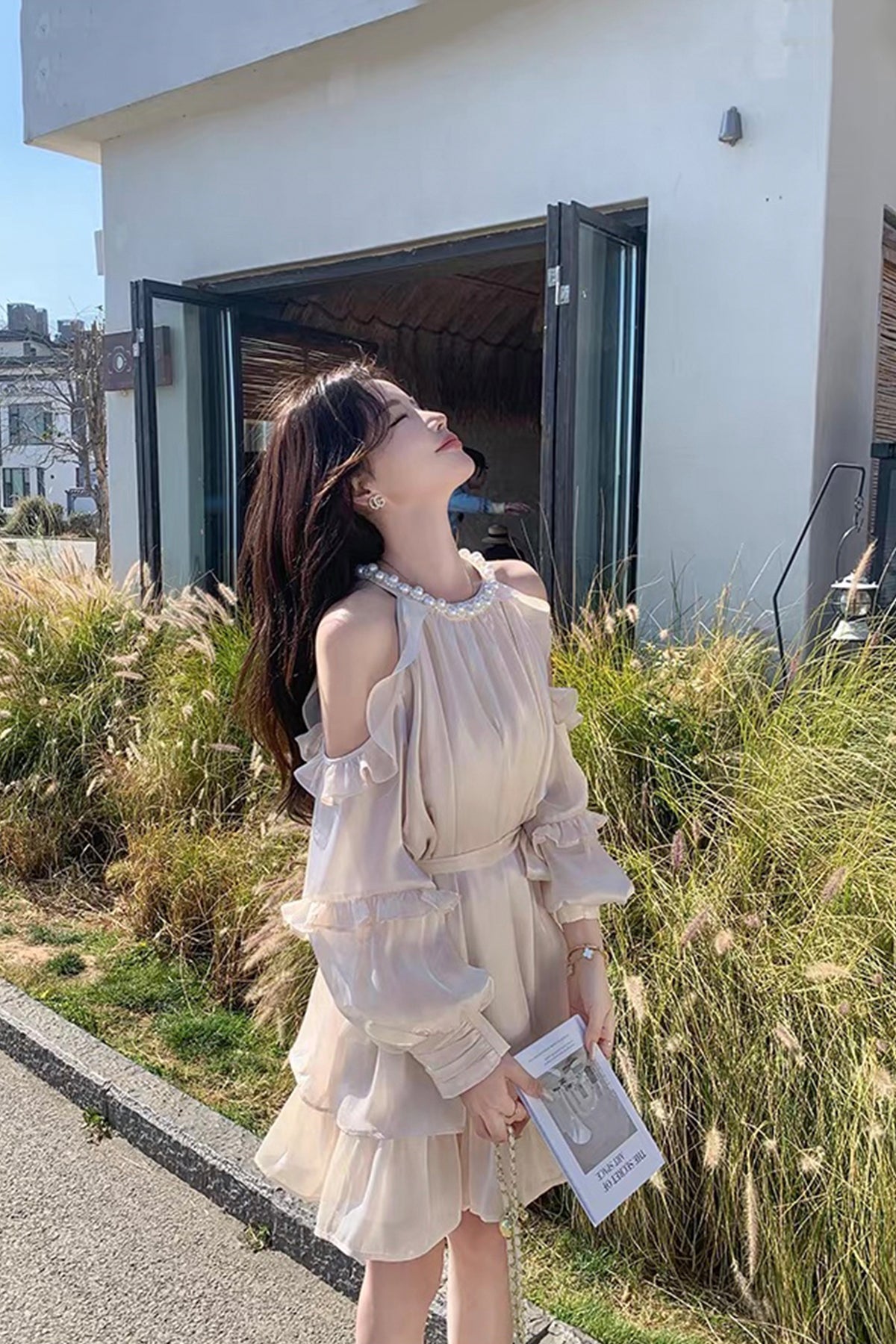 French Chic Cold Shoulder Halter Dress - Elegant Beige Ruffle Mini Fashion Dress with Pearl Neckline