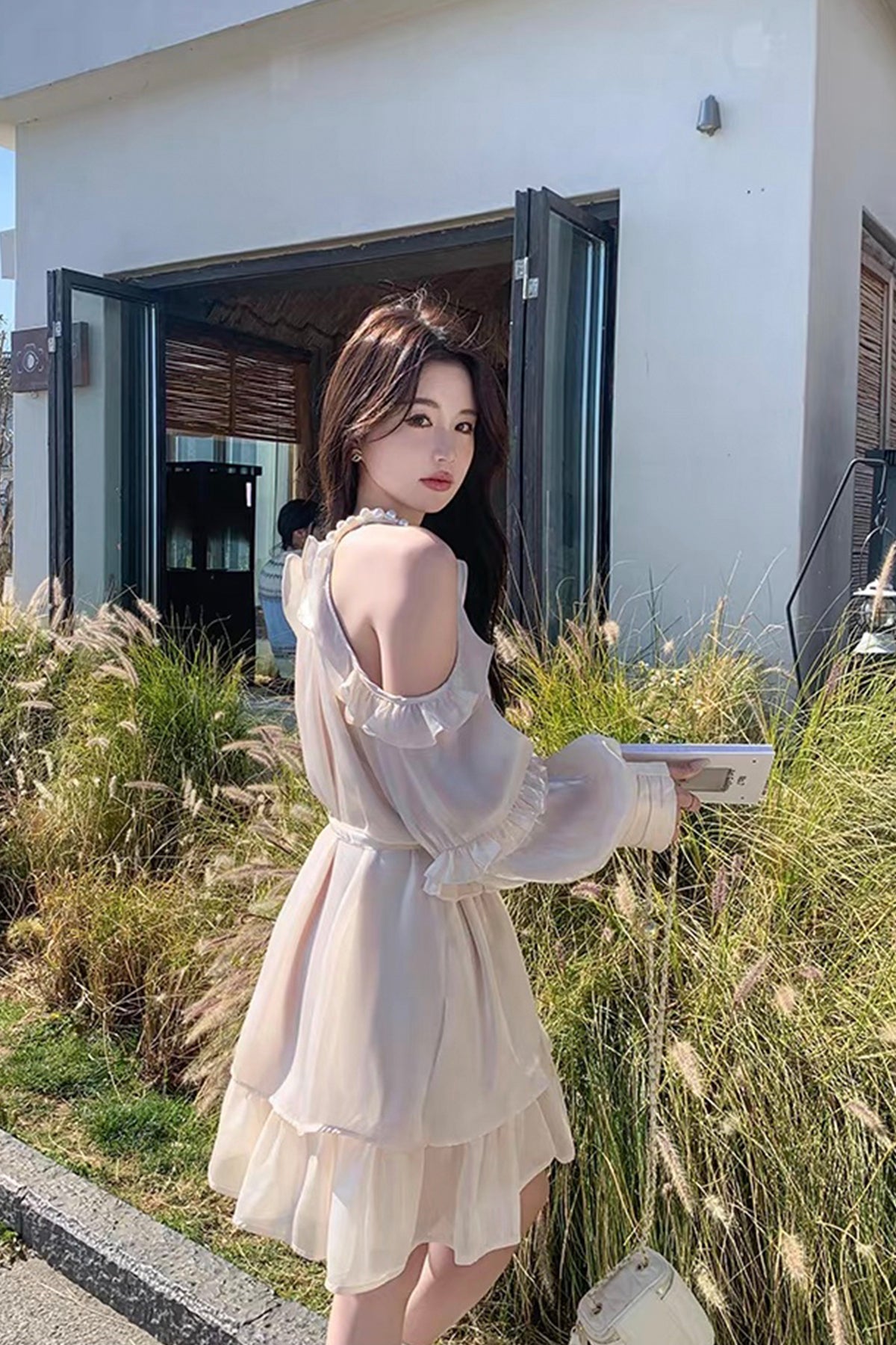 French Chic Cold Shoulder Halter Dress - Elegant Beige Ruffle Mini Fashion Dress with Pearl Neckline