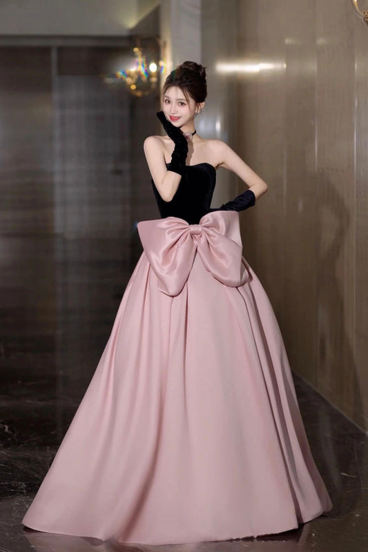 Beautiful Princess Dress A-Line Strapless Black Velvet and Pink Satin Long Prom Dress