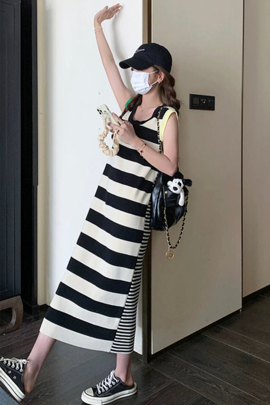 Black and White Striped Maxi Dress, Casual Sleeveless  Dress, Loose Summer Dress for Women