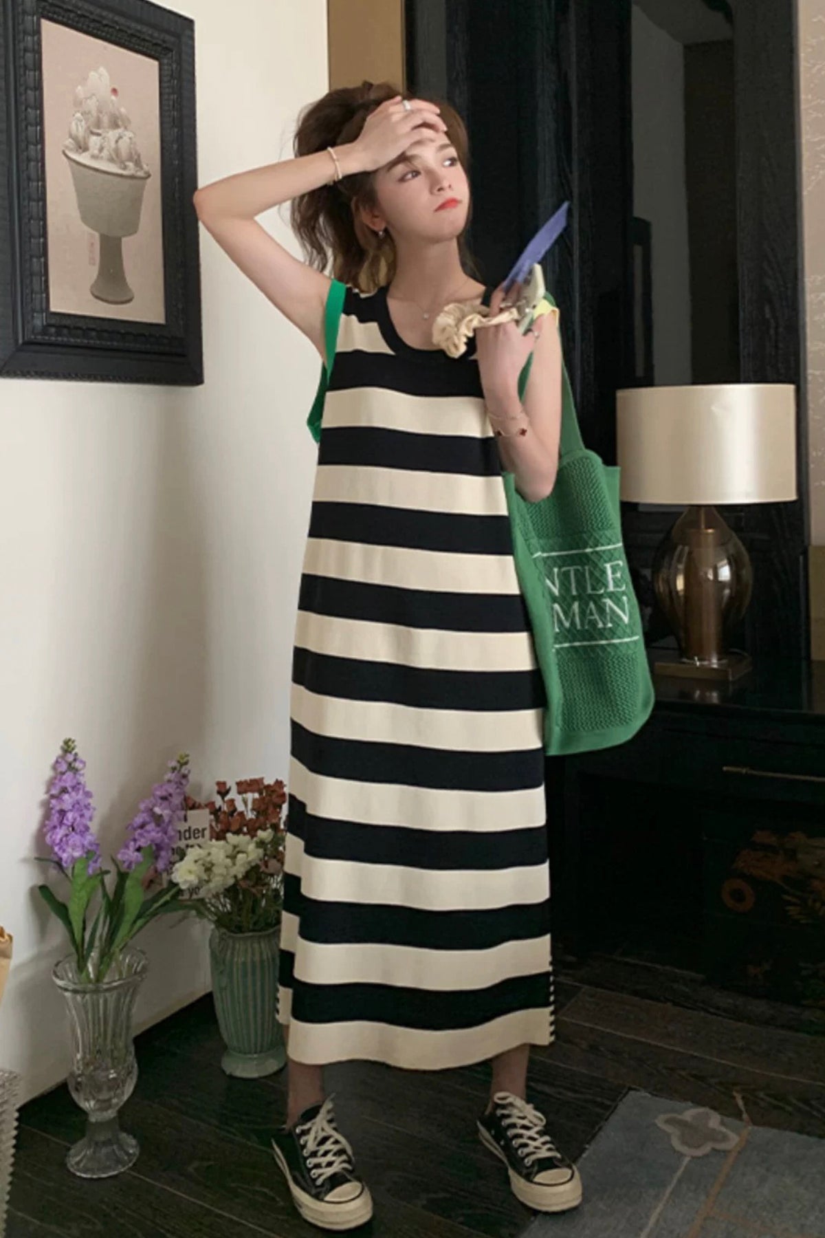 Black and White Striped Maxi Dress, Casual Sleeveless  Dress, Loose Summer Dress for Women
