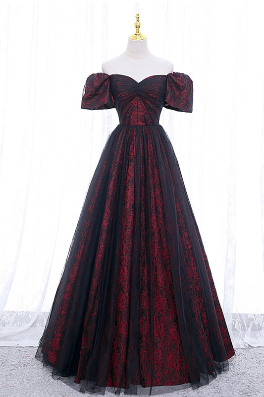 Burgundy Jersey Black Tulle Floral Print Pleat Short Sleeve A-Line Floor Length Formal Dress