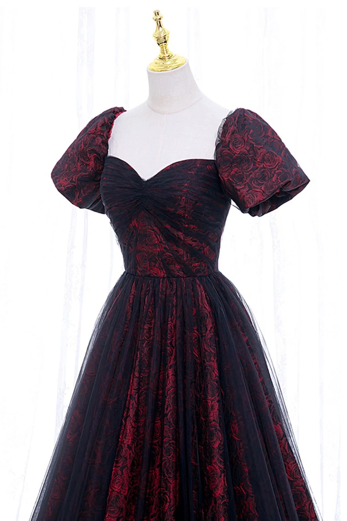 Burgundy Jersey Black Tulle Floral Print Pleat Short Sleeve A-Line Floor Length Formal Dress