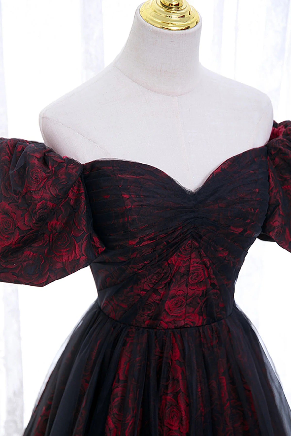 Burgundy Jersey Black Tulle Floral Print Pleat Short Sleeve A-Line Floor Length Formal Dress