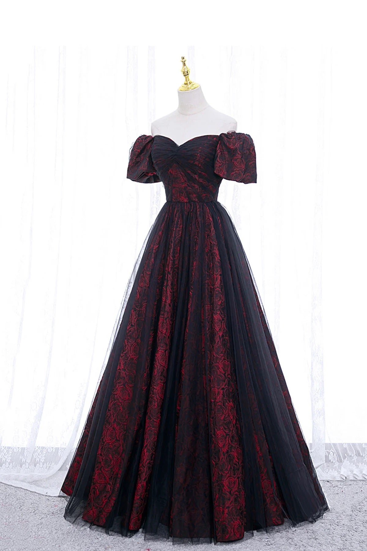 Burgundy Jersey Black Tulle Floral Print Pleat Short Sleeve A-Line Floor Length Formal Dress