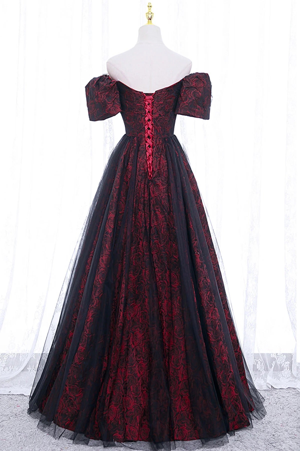 Burgundy Jersey Black Tulle Floral Print Pleat Short Sleeve A-Line Floor Length Formal Dress