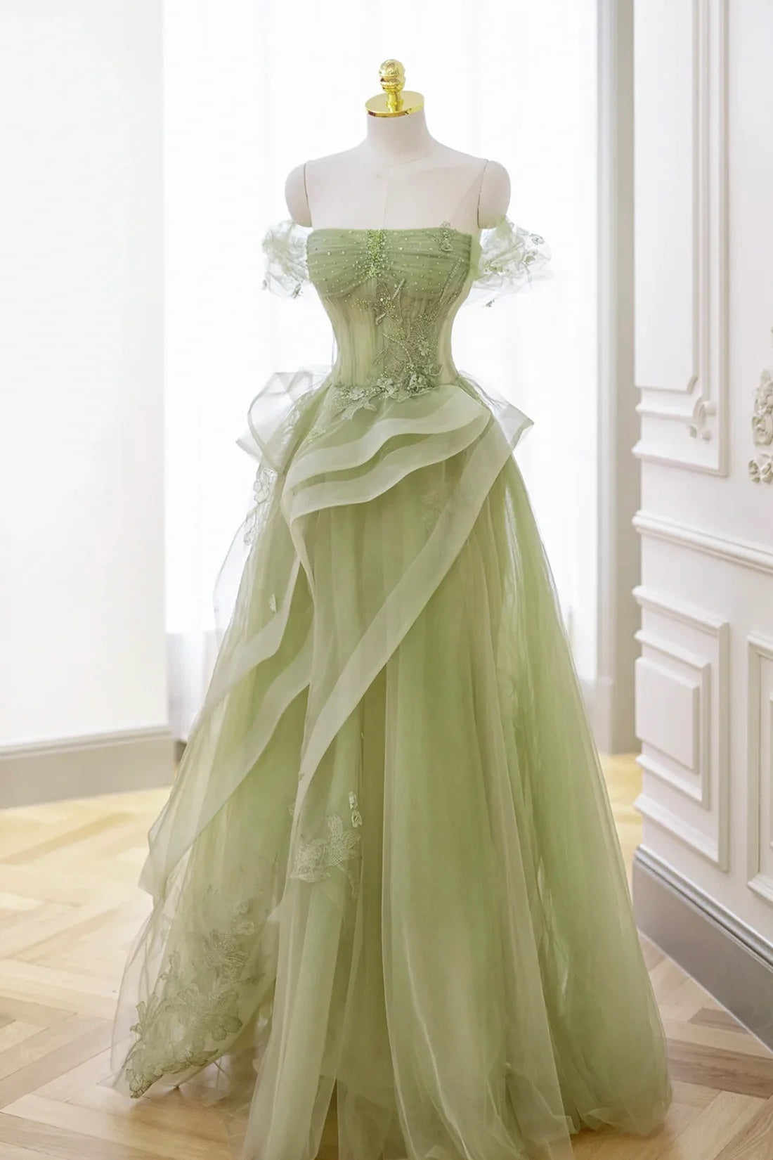 Green Tulle Lace Celebrity Dress Tiered Pleat Ruffles Party Dress Sweetheart Formal Dress