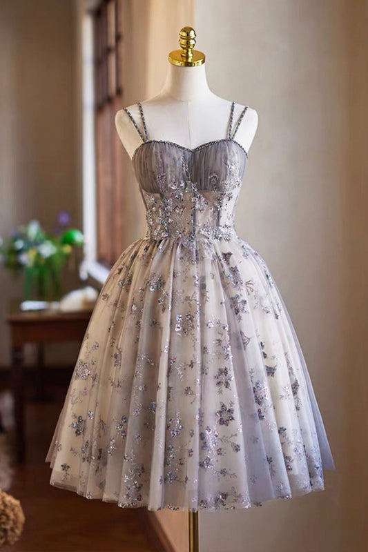 Beautiful Grey Sequins Short Homecoming Graduation Dress A-Line Tulle Spaghetti Straps Evening Dress