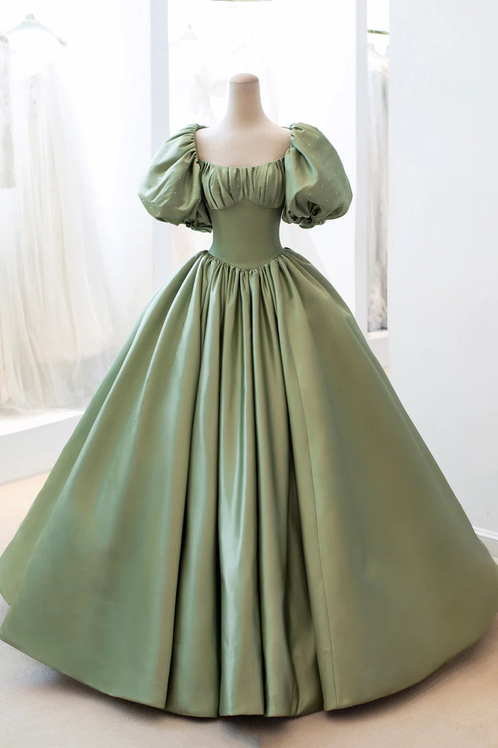 A Line Puffy Sleeves Prom Dress Green Satin Party Dress Pleat Celebrity Gowns Beading Formal Dress