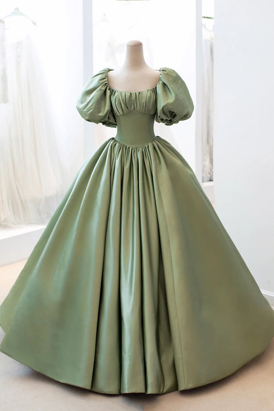 A Line Puffy Sleeves Prom Dress Green Satin Party Dress Pleat Celebrity Gowns Beading Formal Dress