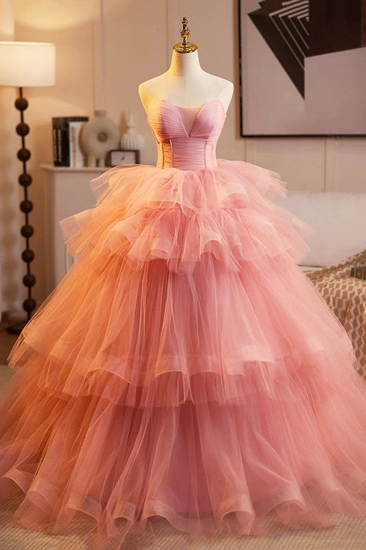 Evening Dress A-Line Strapless Pink Ruffles Ruffles Prom Princess Dress Sweet 16 Dress