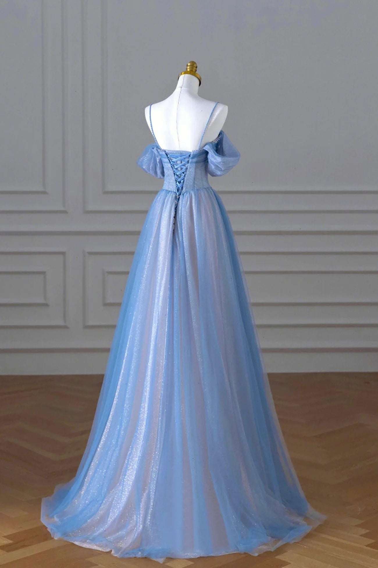 Sky Blue Beading Pearl Sequins Spaghetti Straps Glitter A-Line Floor Length Formal Dress