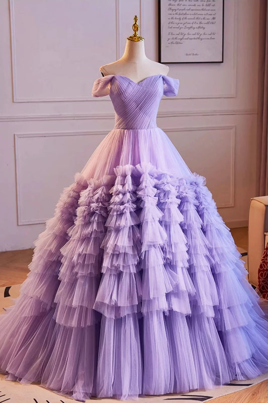 Princess Ball Gown Purple Ruffles Tulle Fairy Prom Dress A-Line Off Shoulder Evening Party Dress