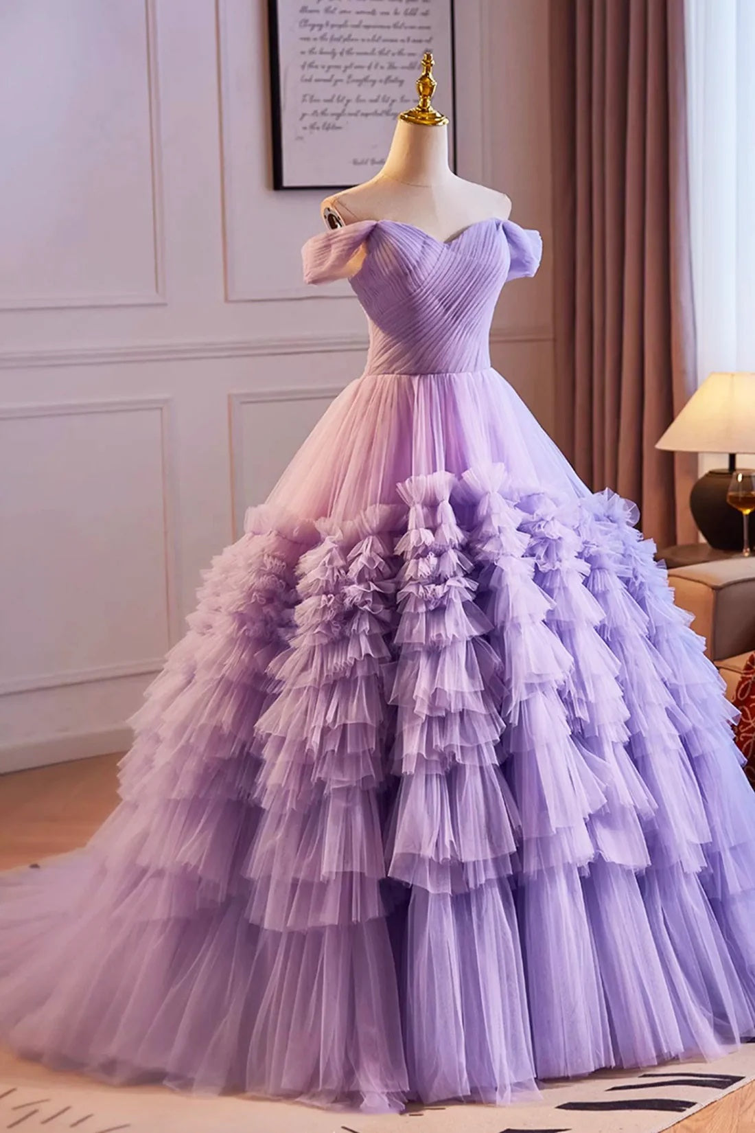 Princess Ball Gown Purple Ruffles Tulle Fairy Prom Dress A-Line Off Shoulder Evening Party Dress