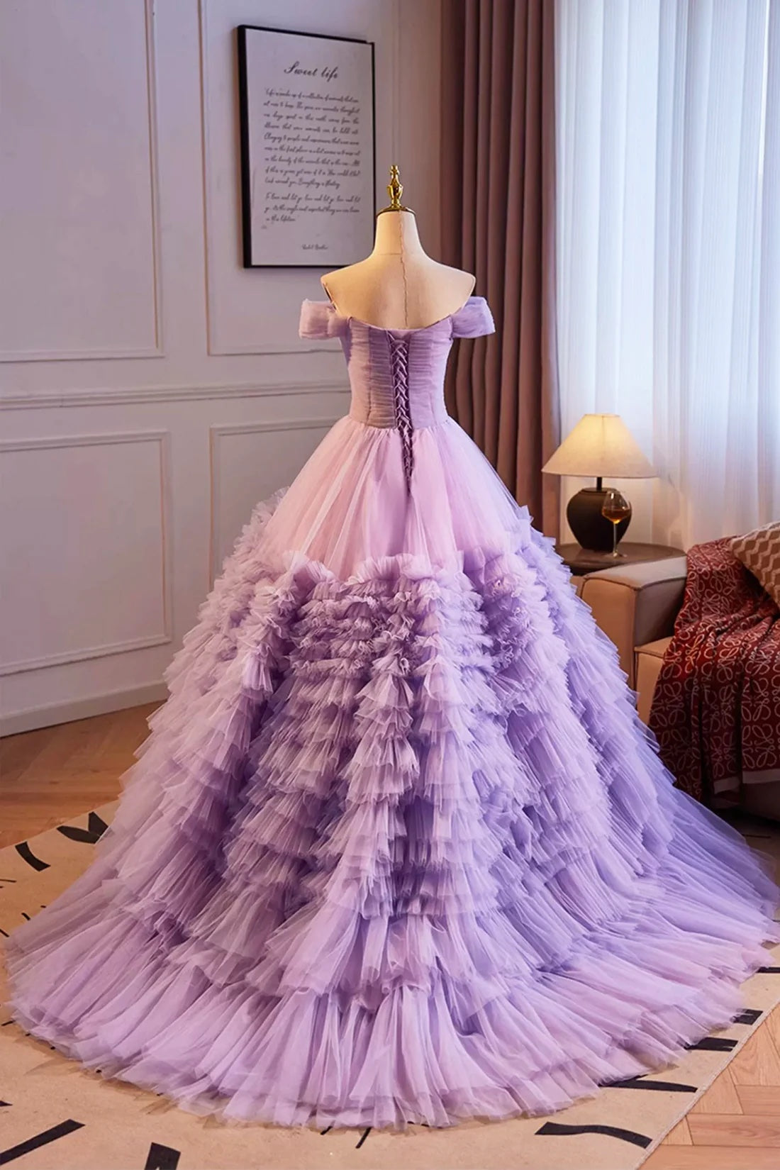 Princess Ball Gown Purple Ruffles Tulle Fairy Prom Dress A-Line Off Shoulder Evening Party Dress