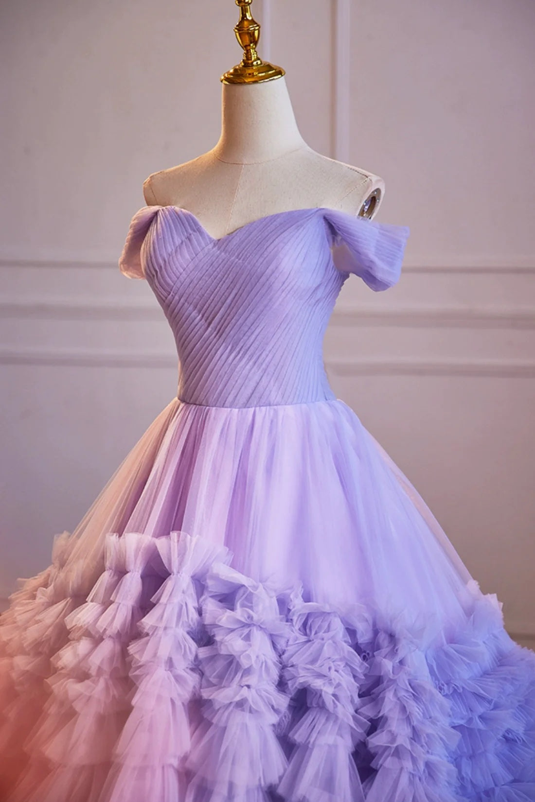 Princess Ball Gown Purple Ruffles Tulle Fairy Prom Dress A-Line Off Shoulder Evening Party Dress